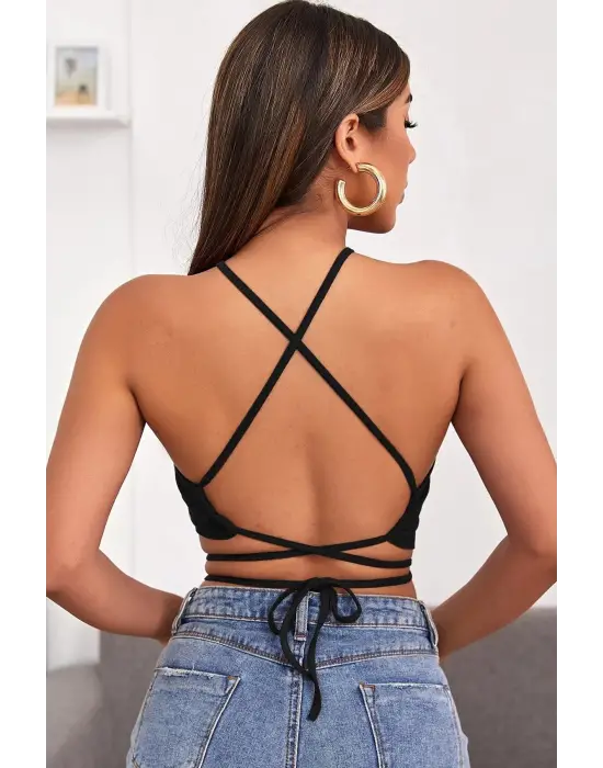 Omarı Siyah Çapraz Bağlamalı Crop Top Bluz