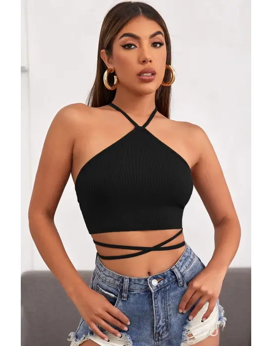 Omarı Siyah Çapraz Bağlamalı Crop Top Bluz