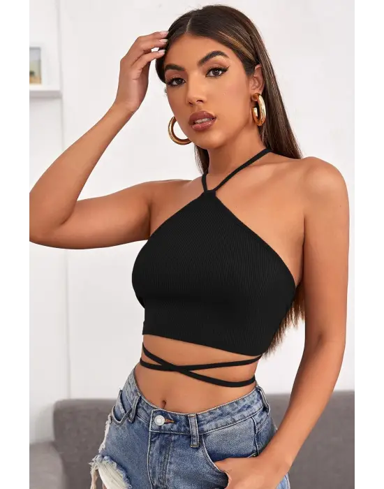 Omarı Siyah Çapraz Bağlamalı Crop Top Bluz