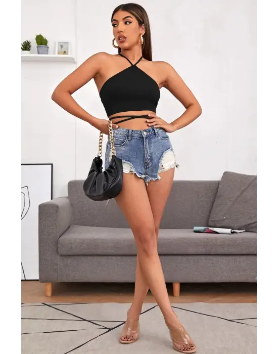 Omarı Siyah Çapraz Bağlamalı Crop Top Bluz