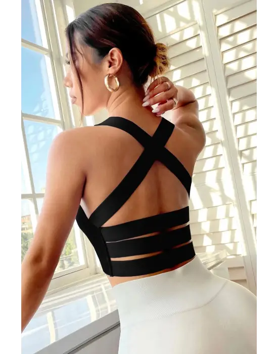 Omarı Siyah Çapraz Lastik Detaylı Crop Top Bluz