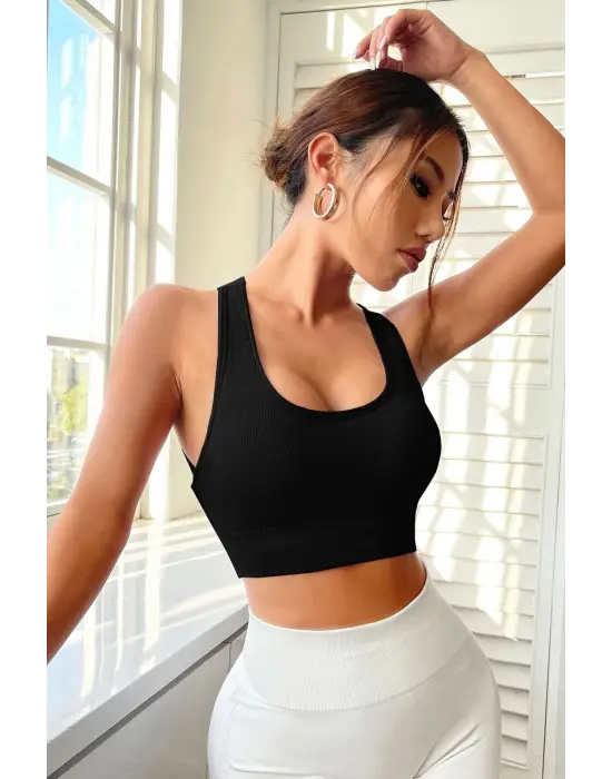 Omarı Siyah Çapraz Lastik Detaylı Crop Top Bluz