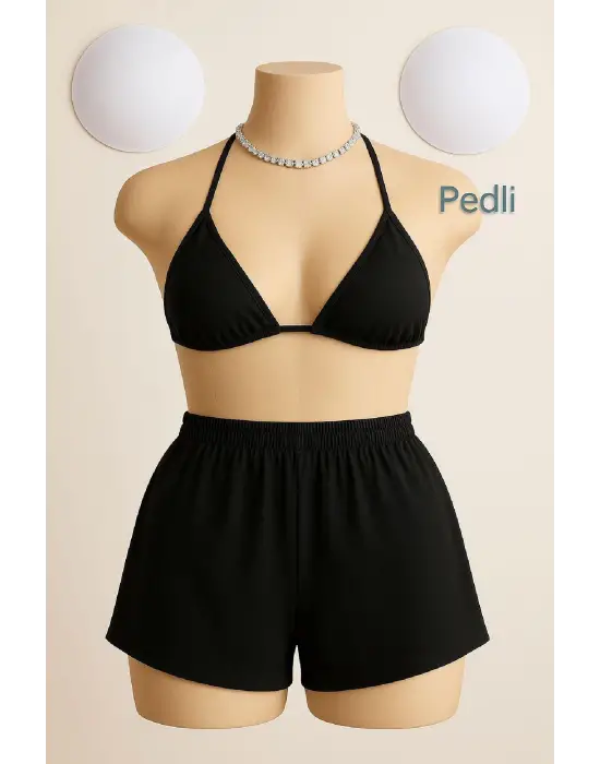 Omarı Siyah Şortlu Bağlamalı Bikini Takımı