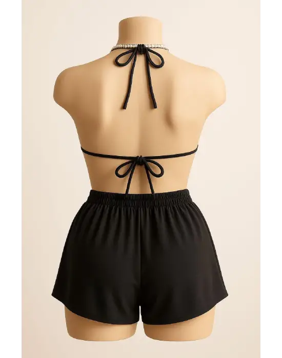 Omarı Siyah Şortlu Bağlamalı Bikini Takımı