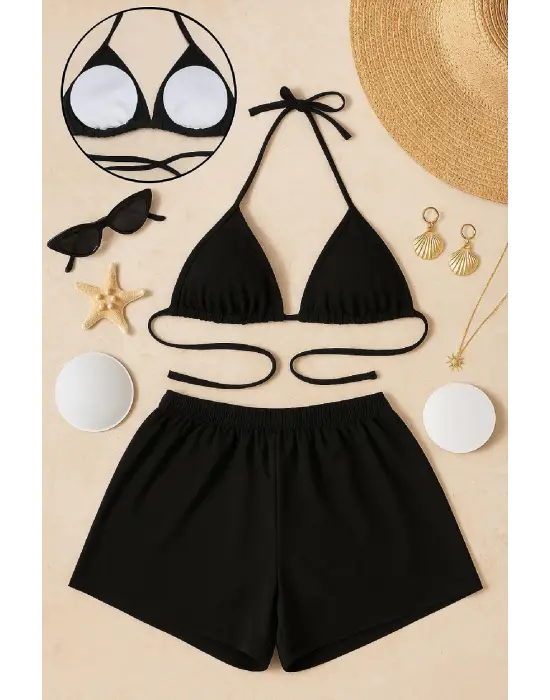 Omarı Siyah Şortlu Bağlamalı Bikini Takımı