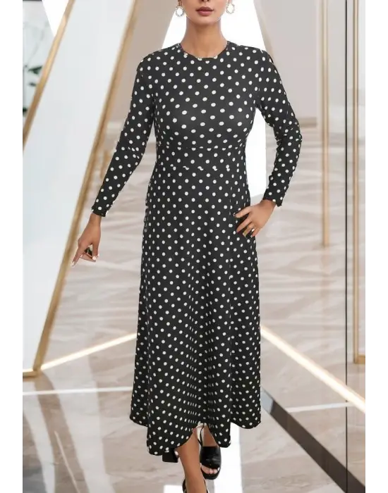 Kadın Siyah Tam Boy Beyaz Puantiyeli Elbise
