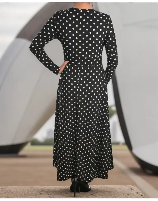 Kadın Siyah Tam Boy Beyaz Puantiyeli Elbise