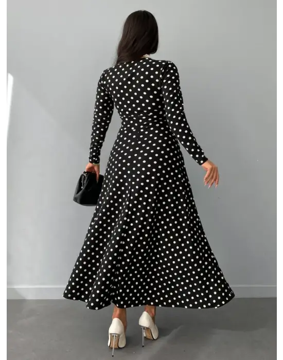 Kadın Siyah Tam Boy Beyaz Puantiyeli Elbise