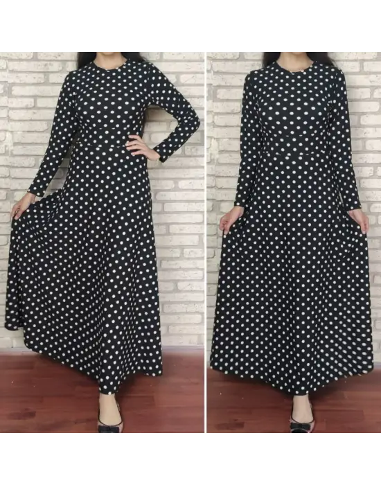 Kadın Siyah Tam Boy Beyaz Puantiyeli Elbise