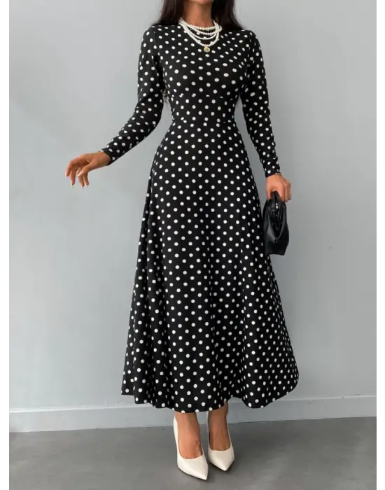 Kadın Siyah Tam Boy Beyaz Puantiyeli Elbise