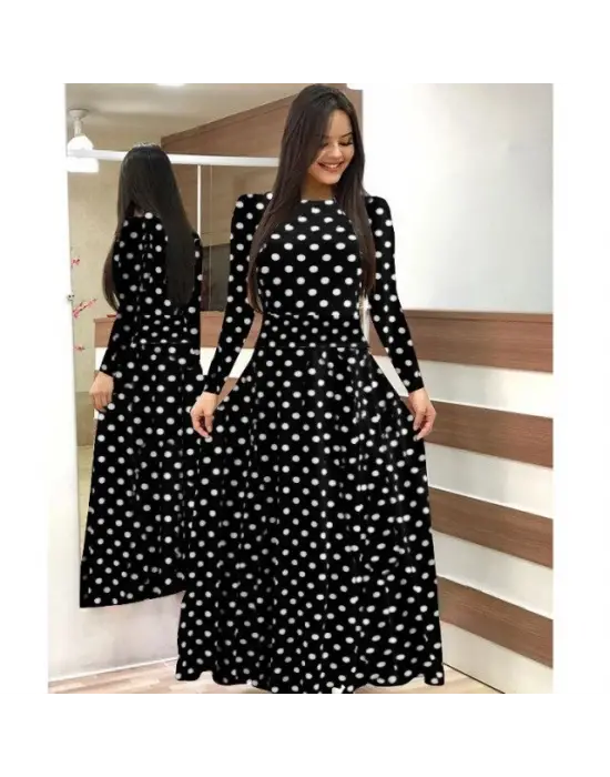 Kadın Siyah Tam Boy Beyaz Puantiyeli Elbise