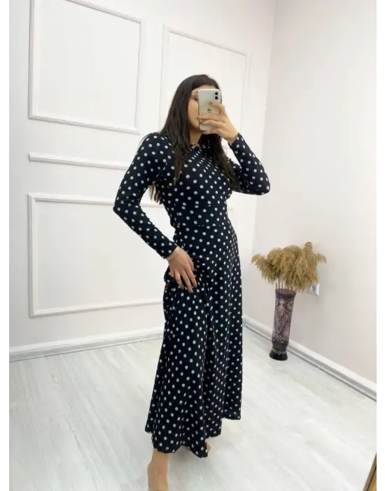 Kadın Siyah Tam Boy Beyaz Puantiyeli Elbise