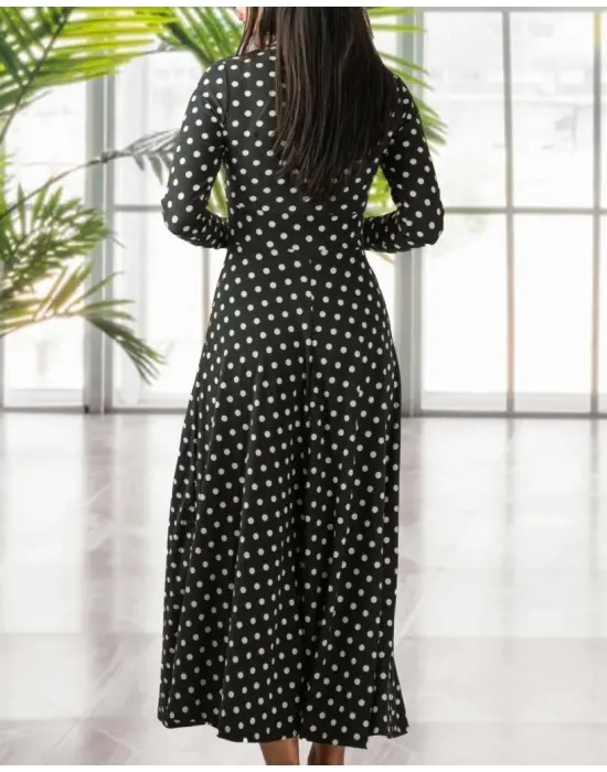 Kadın Siyah Tam Boy Beyaz Puantiyeli Elbise