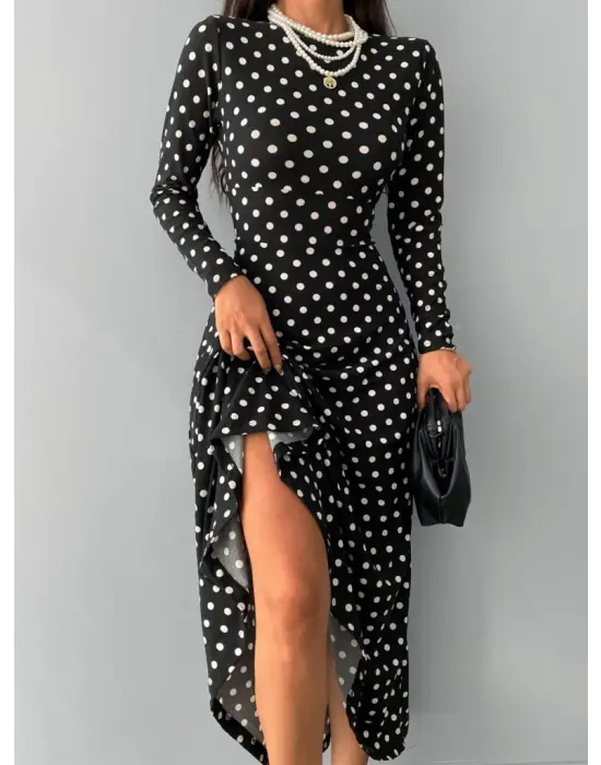 Kadın Siyah Tam Boy Beyaz Puantiyeli Elbise