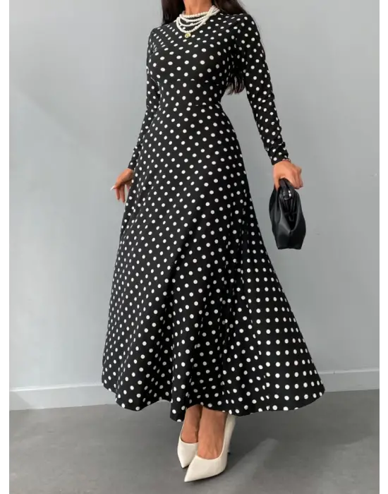Kadın Siyah Tam Boy Beyaz Puantiyeli Elbise