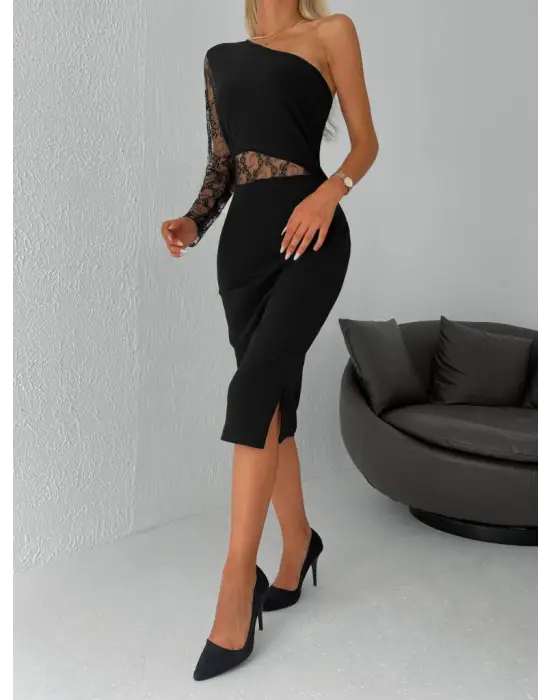 Kadın Siyah Tek Kol Dantel Detay Omuz Dekolte Krep Elbise