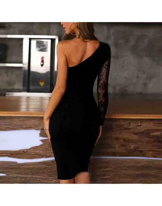 Kadın Siyah Tek Kol Dantel Detay Omuz Dekolte Krep Elbise