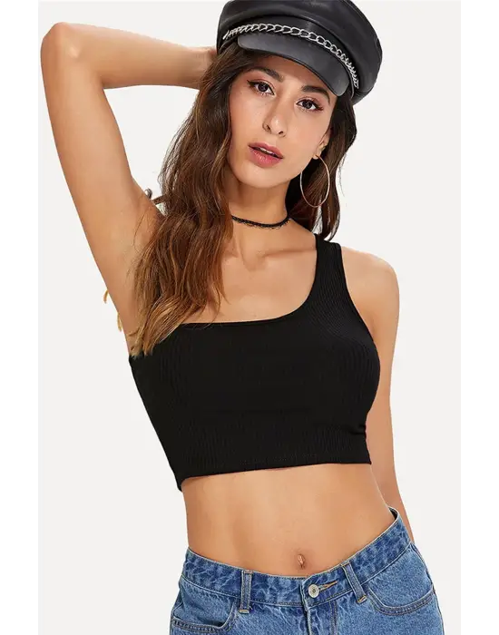 Omarı Siyah Crop Tek Omuzlu Kadın Büstiyer