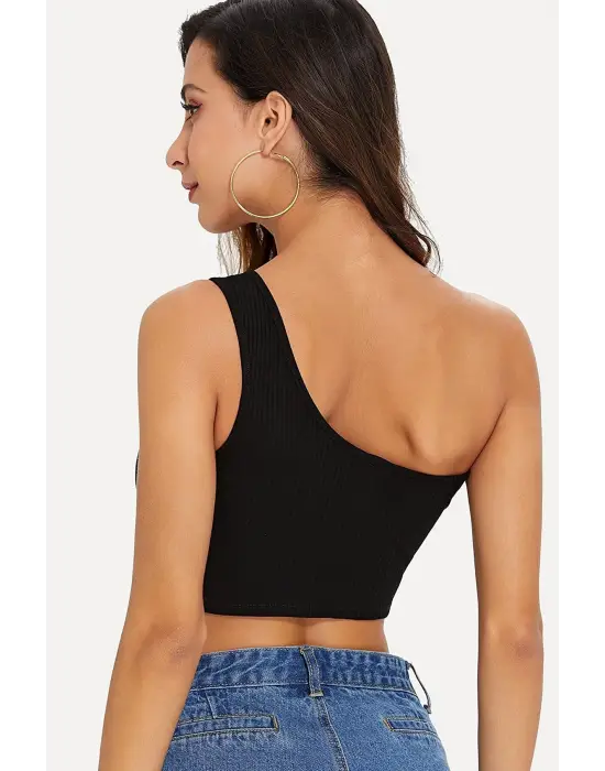 Omarı Siyah Crop Tek Omuzlu Kadın Büstiyer