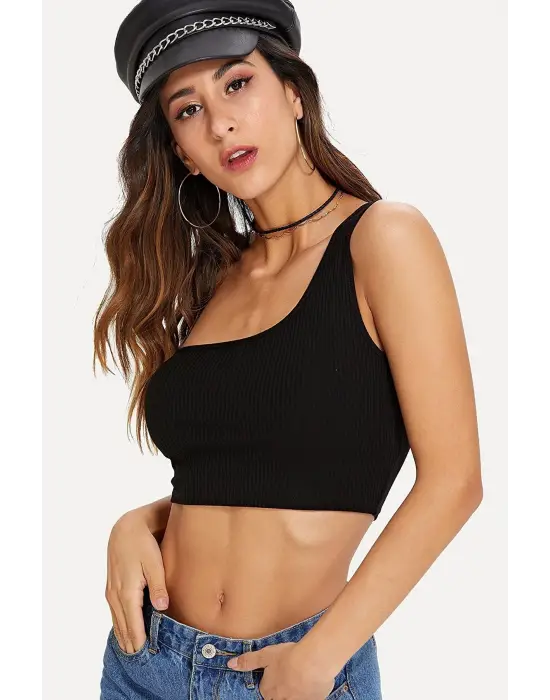 Omarı Siyah Crop Tek Omuzlu Kadın Büstiyer
