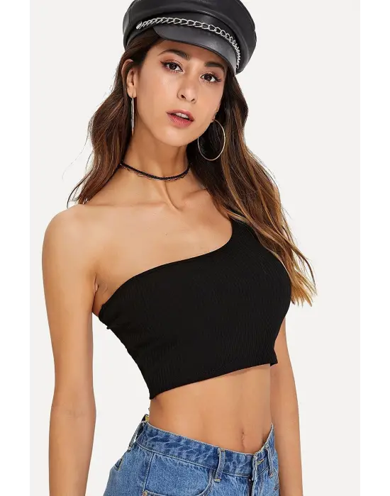 Omarı Siyah Crop Tek Omuzlu Kadın Büstiyer