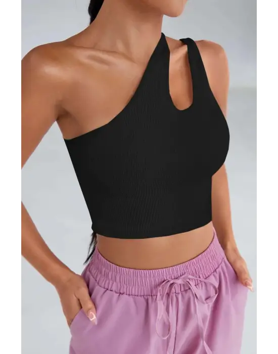 Omarı Siyah Tek Omuz Cut Out Detaylı Crop Top Bluz