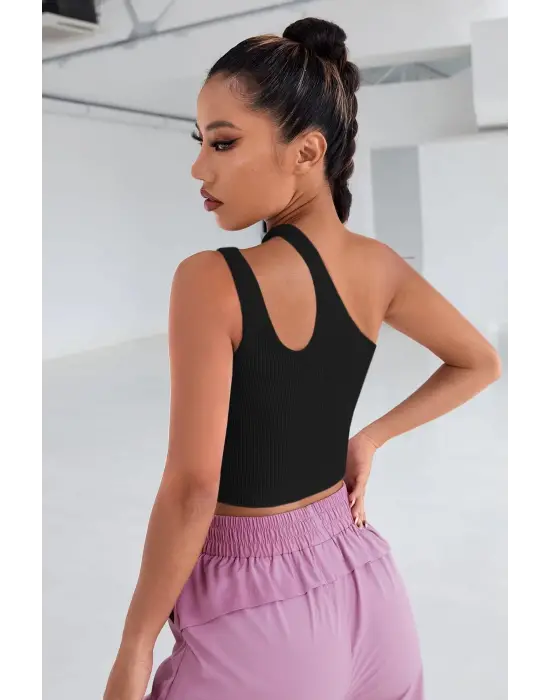 Omarı Siyah Tek Omuz Cut Out Detaylı Crop Top Bluz