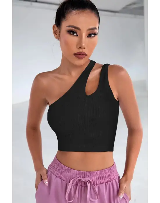 Omarı Siyah Tek Omuz Cut Out Detaylı Crop Top Bluz