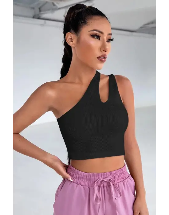 Omarı Siyah Tek Omuz Cut Out Detaylı Crop Top Bluz
