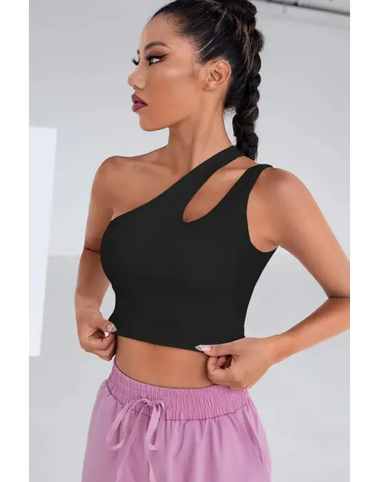 Omarı Siyah Tek Omuz Cut Out Detaylı Crop Top Bluz