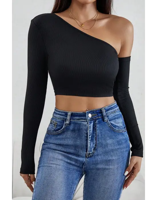 Omarı Siyah Crop Top Bluz
