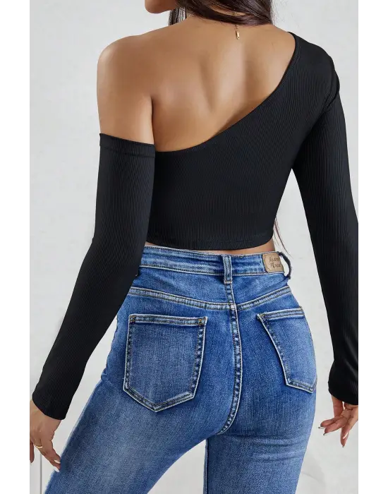 Omarı Siyah Crop Top Bluz