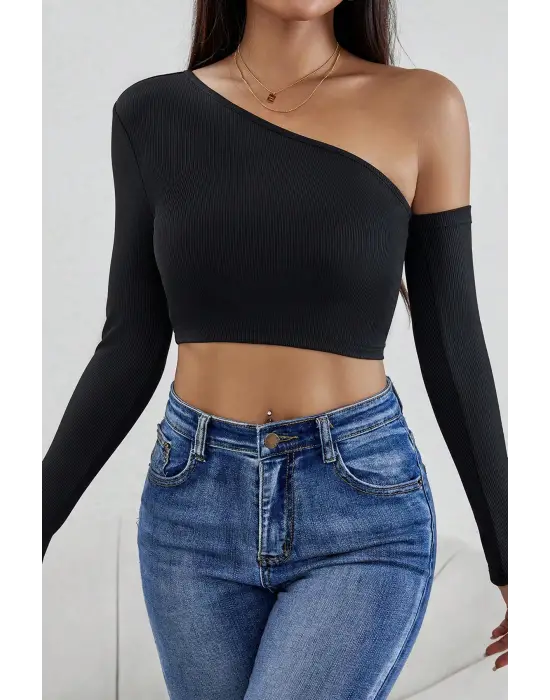 Omarı Siyah Crop Top Bluz