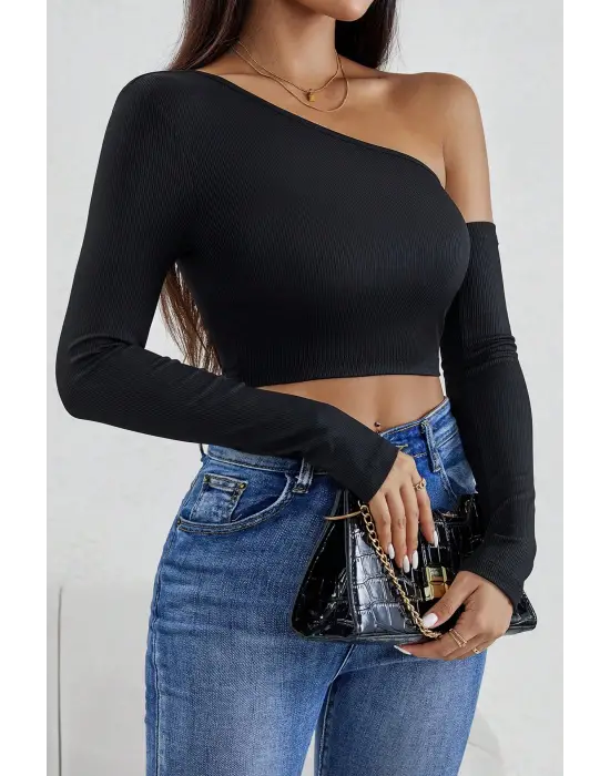 Omarı Siyah Crop Top Bluz