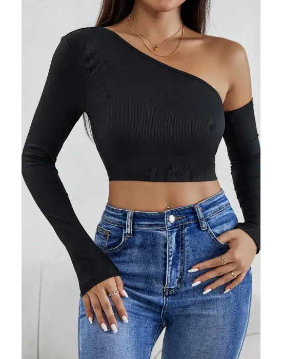 Omarı Siyah Crop Top Bluz