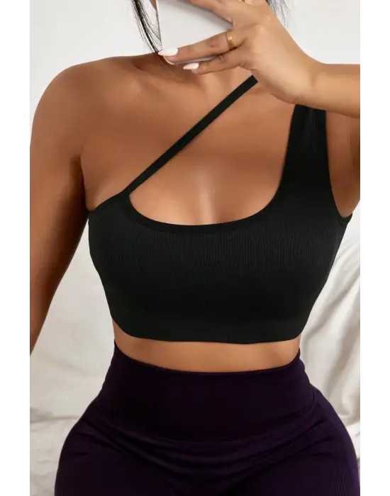 Omarı Siyah Tek Omuzlu Çapraz Askılı Crop Top