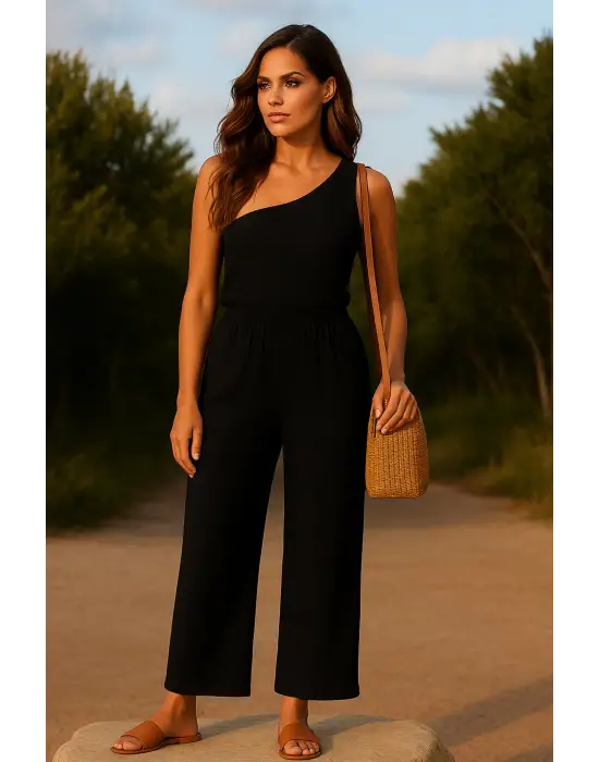 Omarı Şık Siyah Tek Omuzlu Kadın Bluzu ve Pantolon Takımı