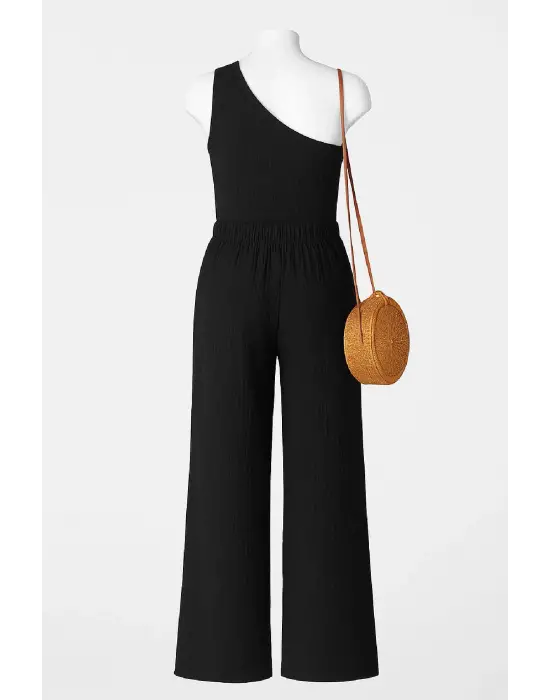 Omarı Şık Siyah Tek Omuzlu Kadın Bluzu ve Pantolon Takımı