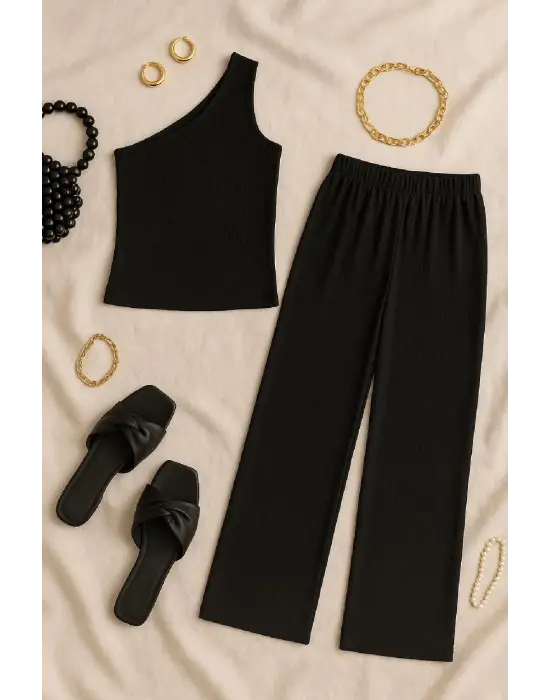 Omarı Şık Siyah Tek Omuzlu Kadın Bluzu ve Pantolon Takımı