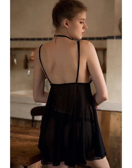 Omarı Şık Siyah Transparan Dantel Gecelik