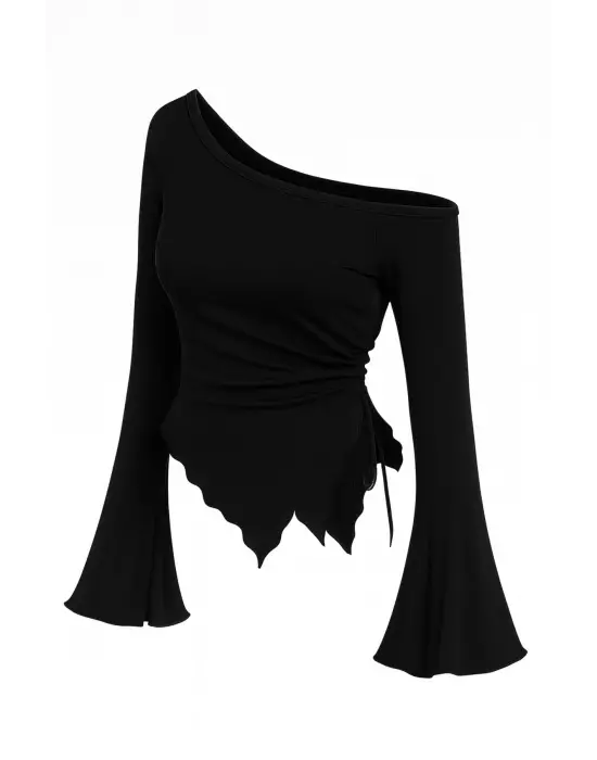 Kadın Siyah Uzun İspanyol Kollu Asimetirik Yaka Yandan Bağlamalı Drapeli Bluz