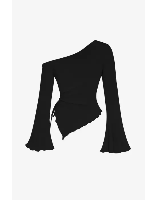 Kadın Siyah Uzun İspanyol Kollu Asimetirik Yaka Yandan Bağlamalı Drapeli Bluz