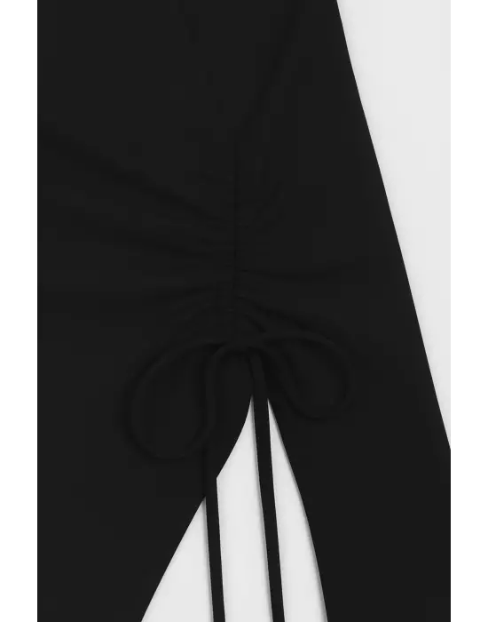 Kadın Siyah Uzun İspanyol Kollu Asimetirik Yaka Yandan Bağlamalı Drapeli Bluz