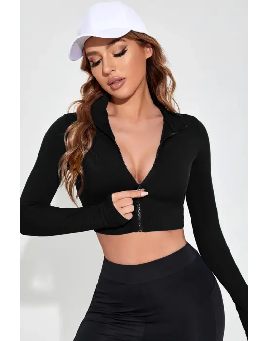 Omarı Siyah Fermuarlı Dik Yaka Crop Top Bluz