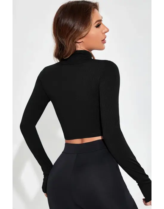 Omarı Siyah Fermuarlı Dik Yaka Crop Top Bluz