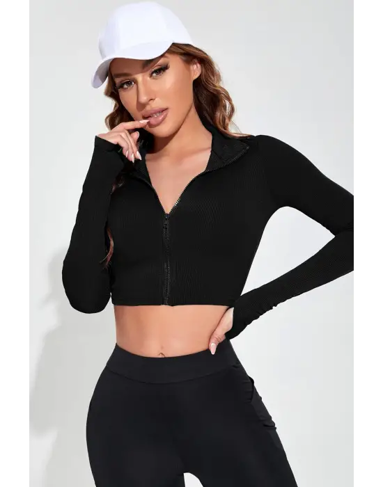 Omarı Siyah Fermuarlı Dik Yaka Crop Top Bluz