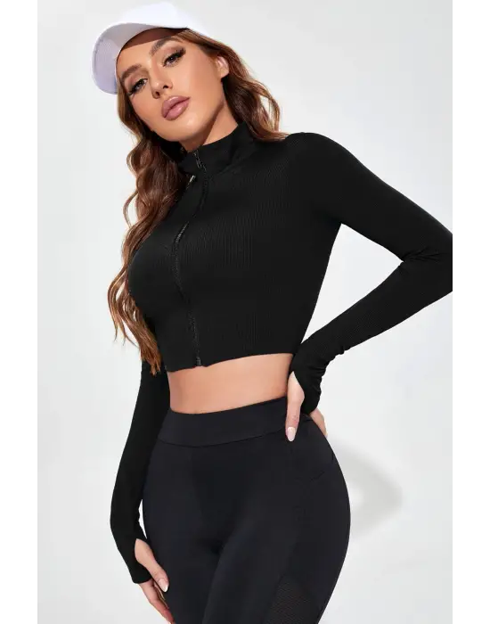 Omarı Siyah Fermuarlı Dik Yaka Crop Top Bluz