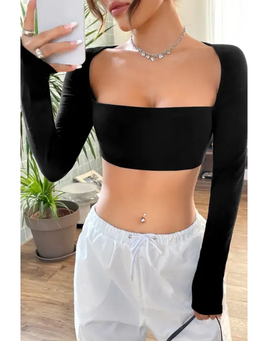 Omarı Siyah Göğüs ve Sırt Dekolteli Crop Top Bluz