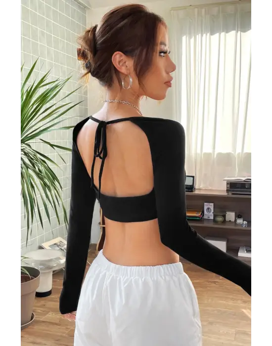 Omarı Siyah Göğüs ve Sırt Dekolteli Crop Top Bluz