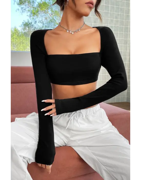 Omarı Siyah Göğüs ve Sırt Dekolteli Crop Top Bluz